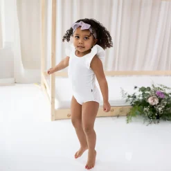 Kyte Baby Ribbed Sleeveless Ruffle Leotard in Cloud Online