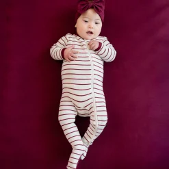 Kyte Baby Ribbed Zipper Footie in Burgundy Stripe Outlet