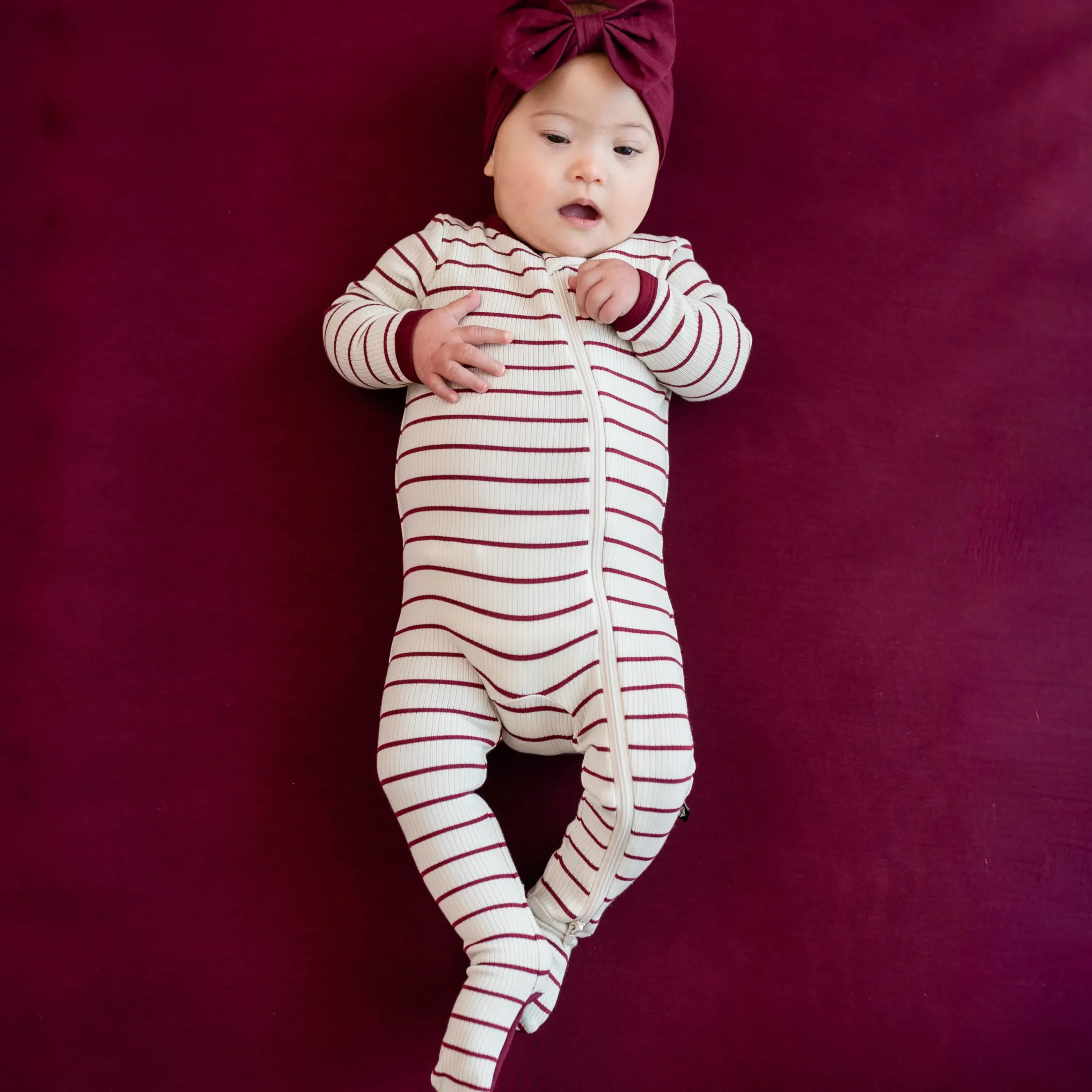 Kyte Baby Ribbed Zipper Footie in Burgundy Stripe Outlet