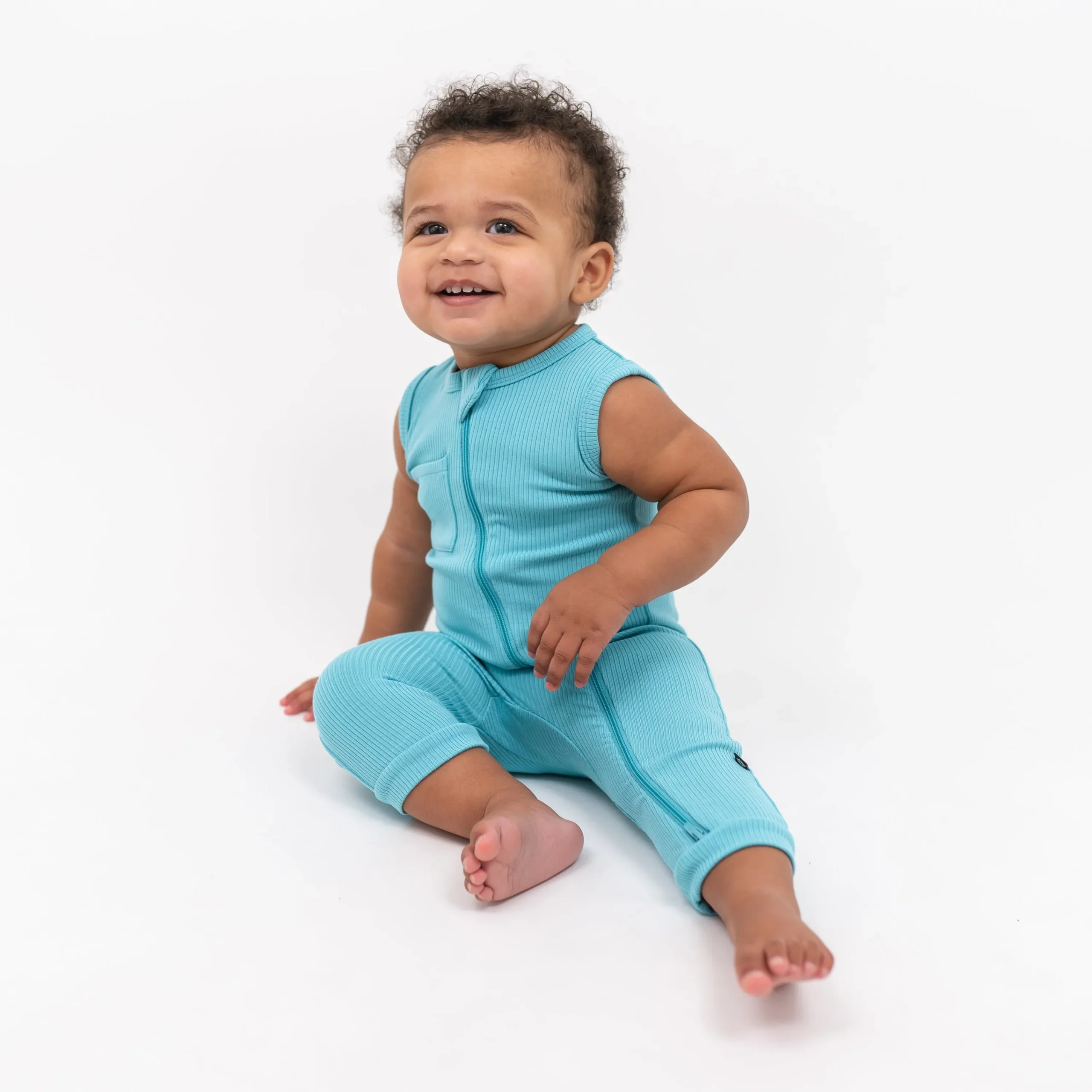Kyte Baby Ribbed Zippered Sleeveless Romper in Makai Clearance
