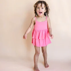 Kyte Baby Spaghetti Strap Ruffle Romper in Guava