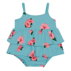 Kyte Baby Spaghetti Strap Ruffle Romper in Hibiscus Discount