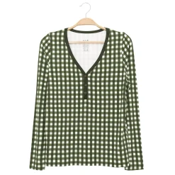 Kyte Baby Women's Long Sleeve Henley Tee in Gingham Fir Hot