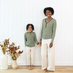 Kyte Baby Women's Long Sleeve Henley Tee in Gingham Fir Hot