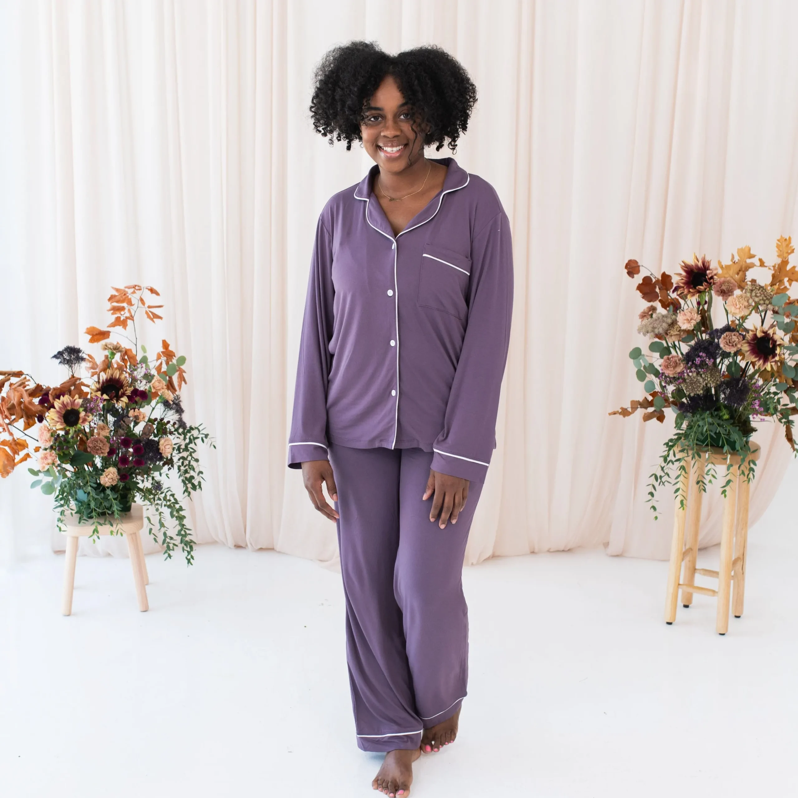 Kyte Baby Women's Long Sleeve Pajama Set in Currant with Cloud Trim Online