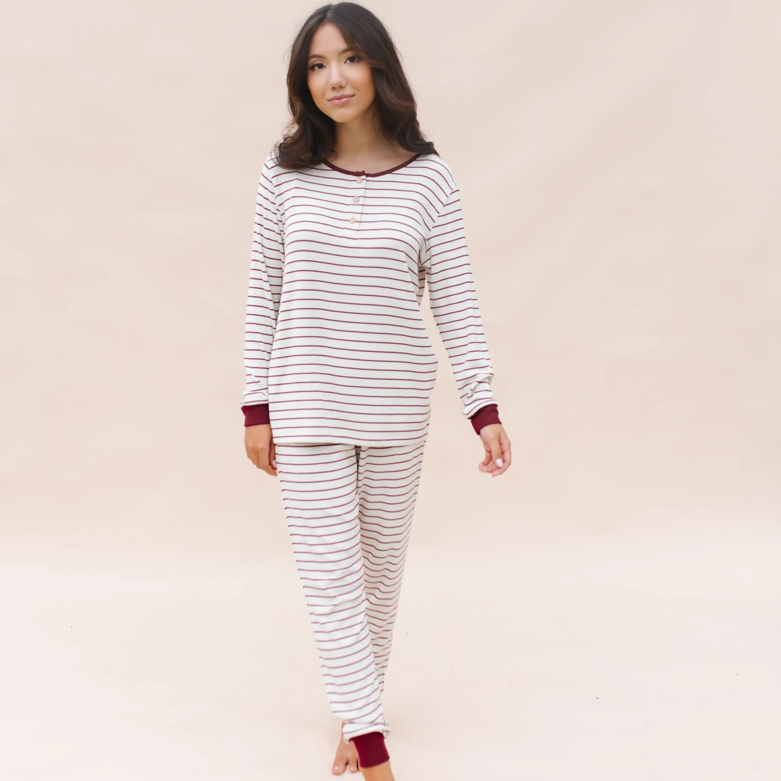 Kyte Baby Women’s Ribbed Henley Set in Burgundy Stripe Best