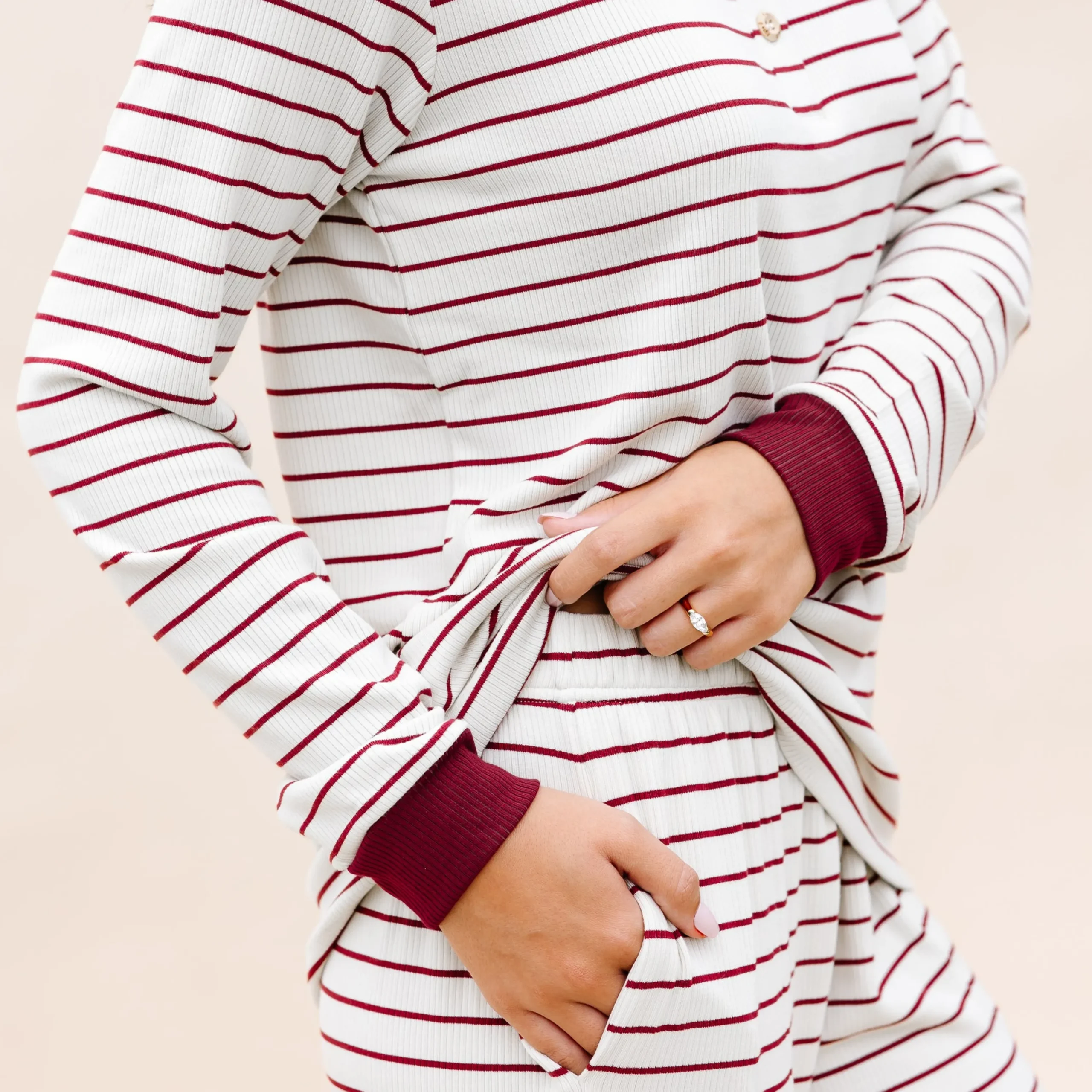 Kyte Baby Women’s Ribbed Henley Set in Burgundy Stripe Best