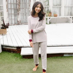 Kyte Baby Women’s Ribbed Henley Set in Burgundy Stripe Best