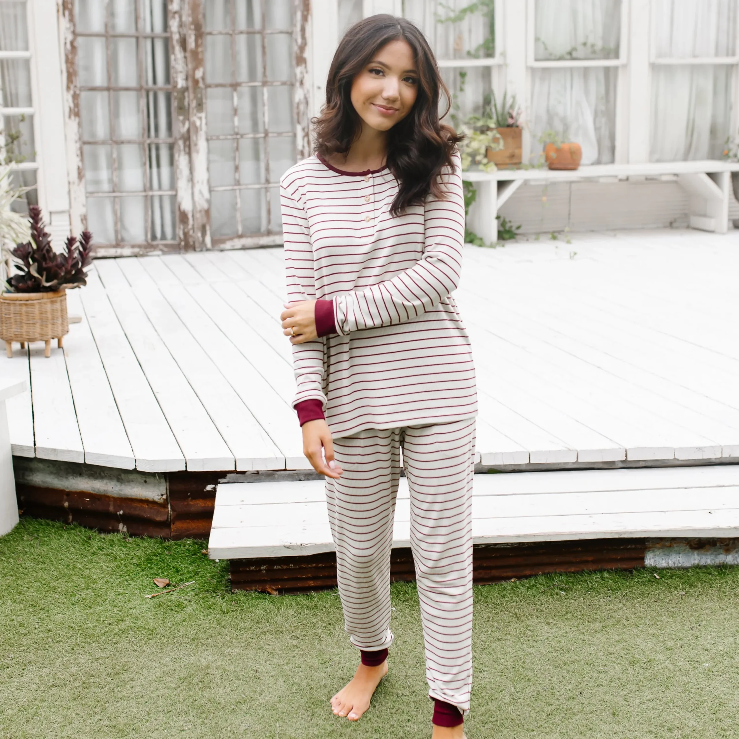 Kyte Baby Women’s Ribbed Henley Set in Burgundy Stripe Best
