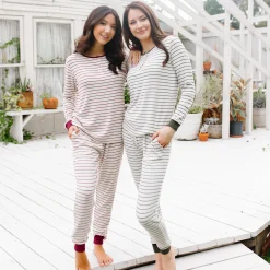 Kyte Baby Women’s Ribbed Henley Set in Burgundy Stripe Best