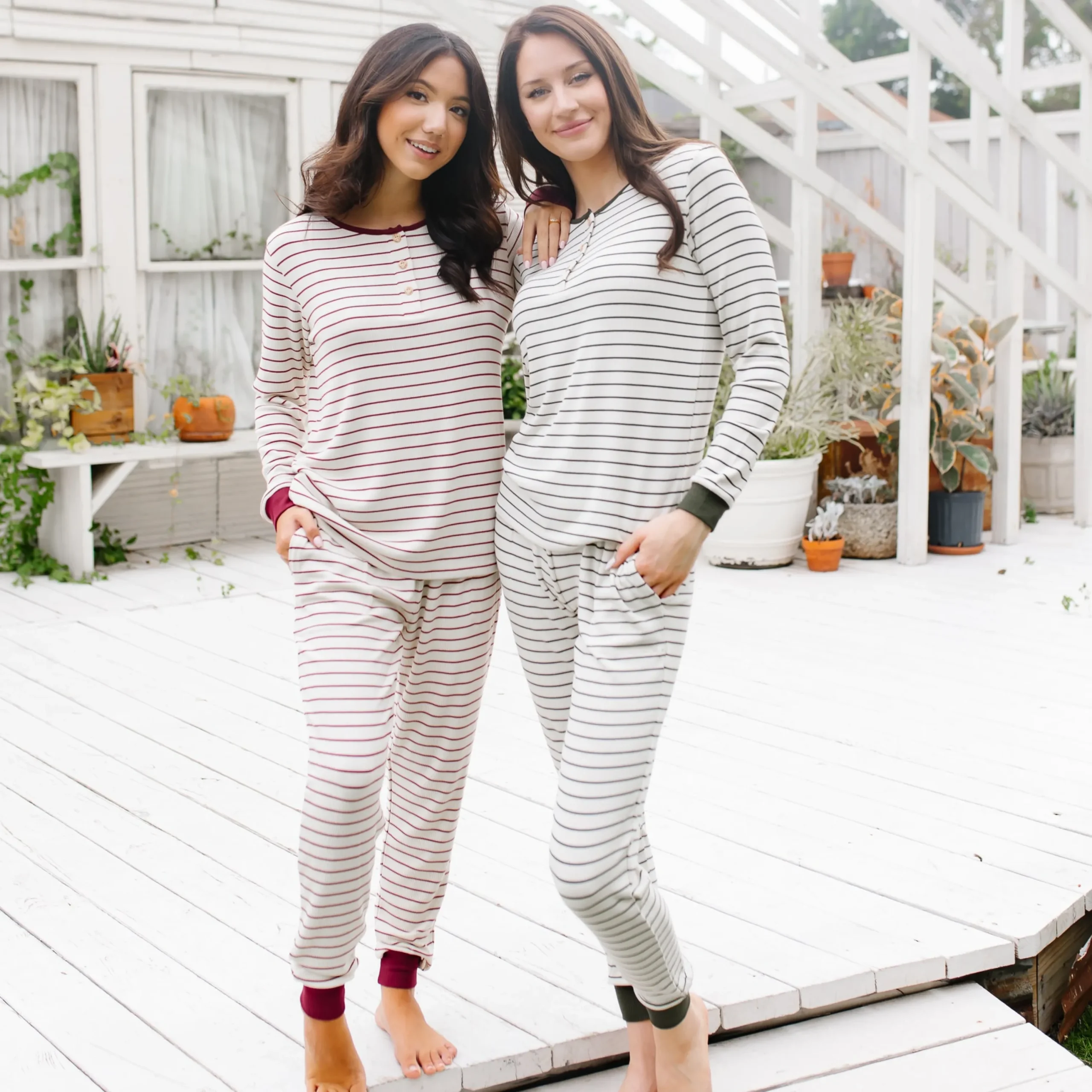 Kyte Baby Women’s Ribbed Henley Set in Burgundy Stripe Best