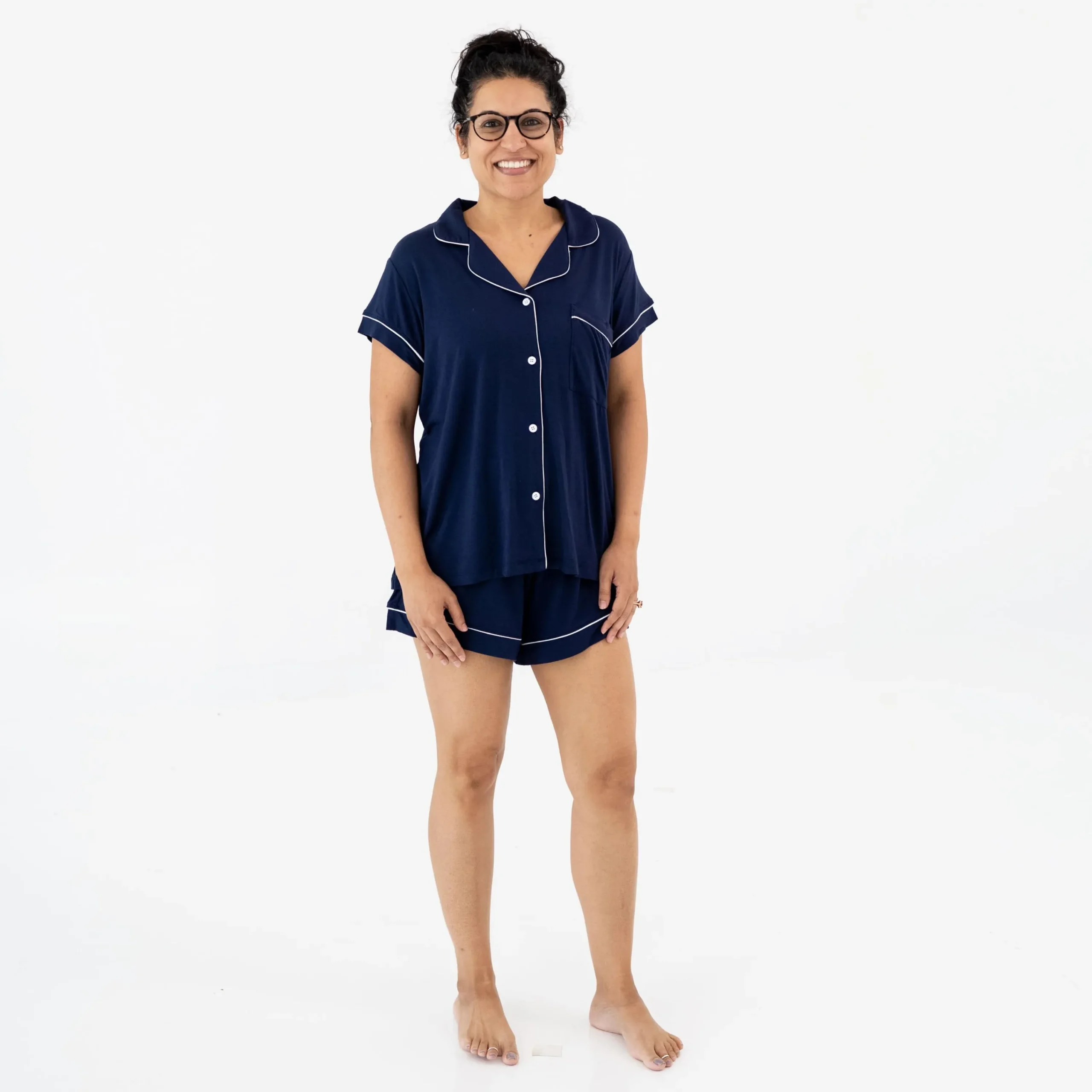 Kyte Baby Women’s Short Sleeve Pajama Set in Navy with Cloud Trim Clearance
