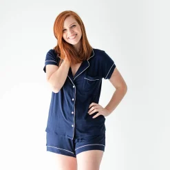 Kyte Baby Women’s Short Sleeve Pajama Set in Navy with Cloud Trim Clearance