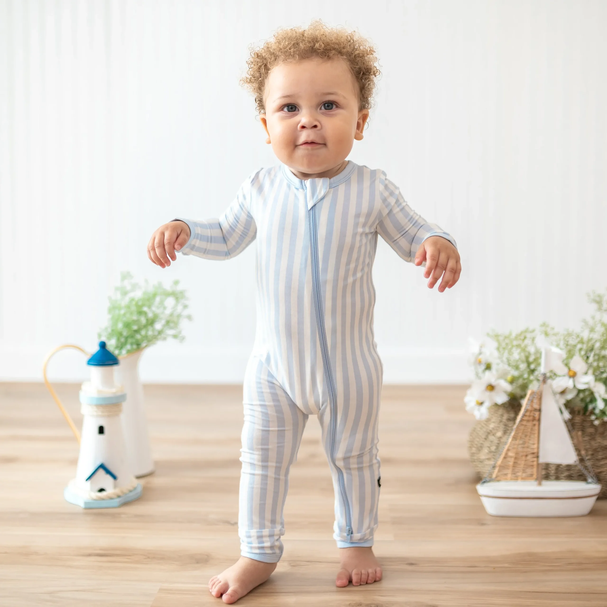 Kyte Baby Zippered Romper in Small Mist Stripe Online
