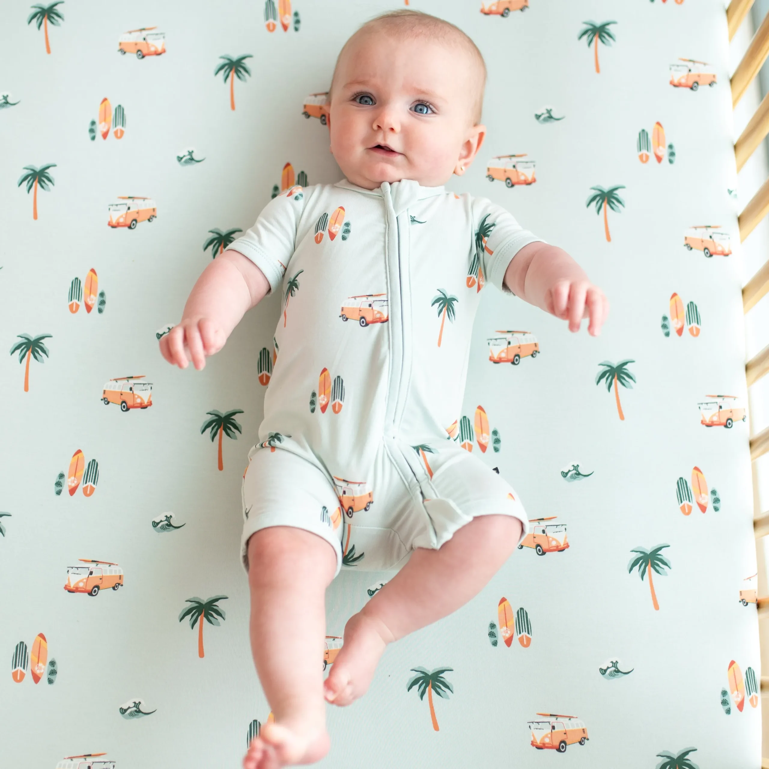 Kyte Baby Zippered Shortall Romper in Dew Surf Sale